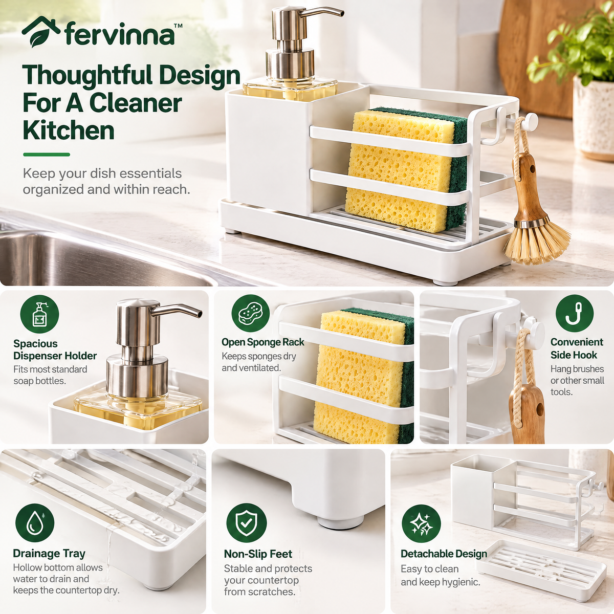 Fervinna All-in-One Sink Caddy with Soap Dispenser — features and details