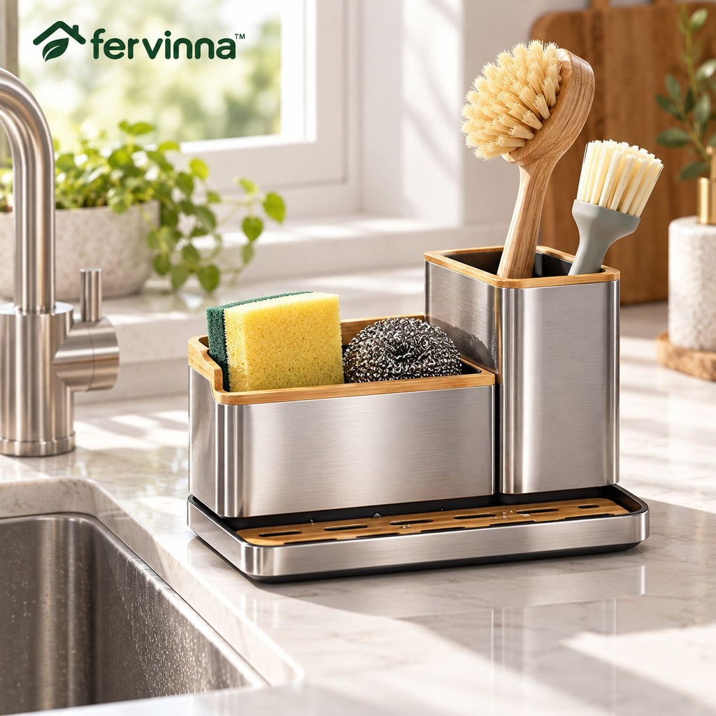 Fervinna Stainless Steel & Bamboo Sink Organizer — main lifestyle view