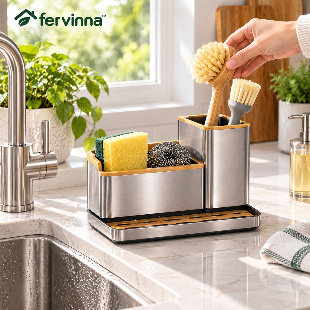 Fervinna Stainless Steel & Bamboo Sink Organizer — product overview