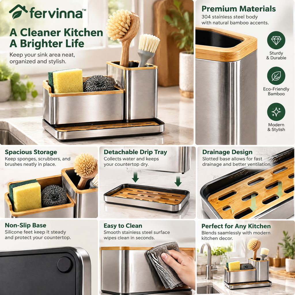 Fervinna Stainless Steel & Bamboo Sink Organizer — features and details