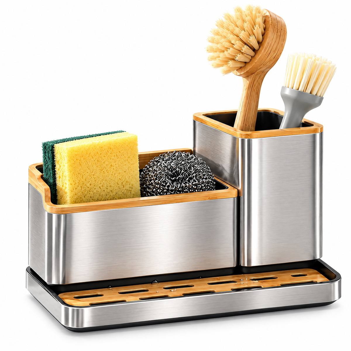 Fervinna Stainless Steel & Bamboo Sink Organizer — in-use organization