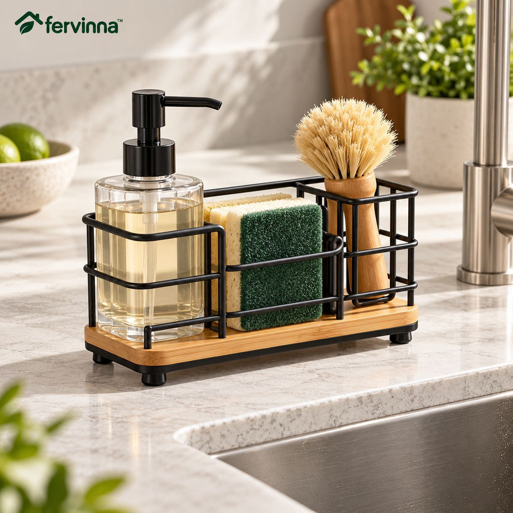 Fervinna Black Wire Sink Caddy with Bamboo Base — main lifestyle view