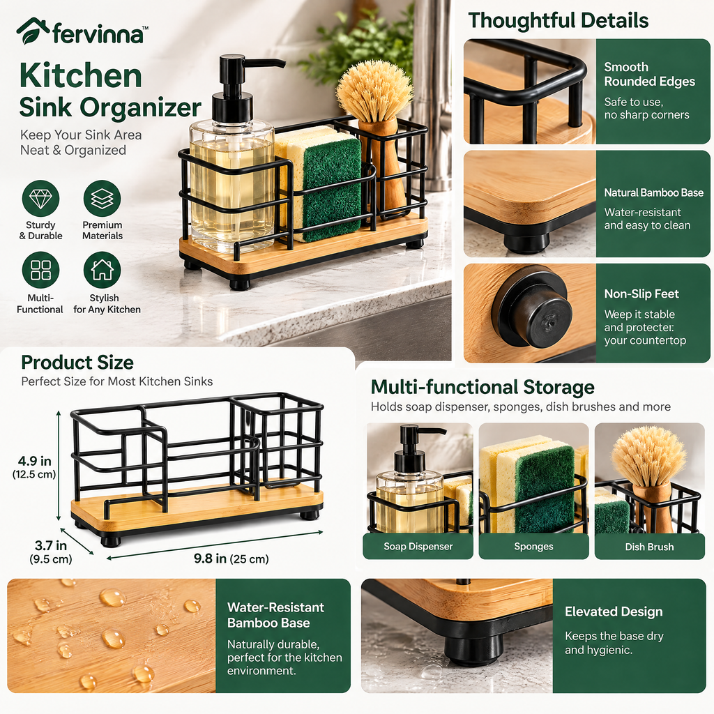 Fervinna Black Wire Sink Caddy with Bamboo Base — features and details