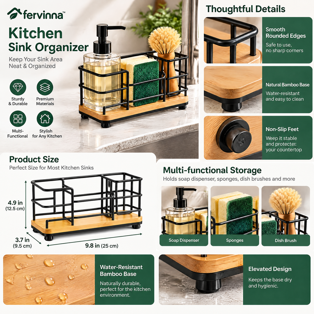 Fervinna Black Wire Sink Caddy with Bamboo Base — features and details