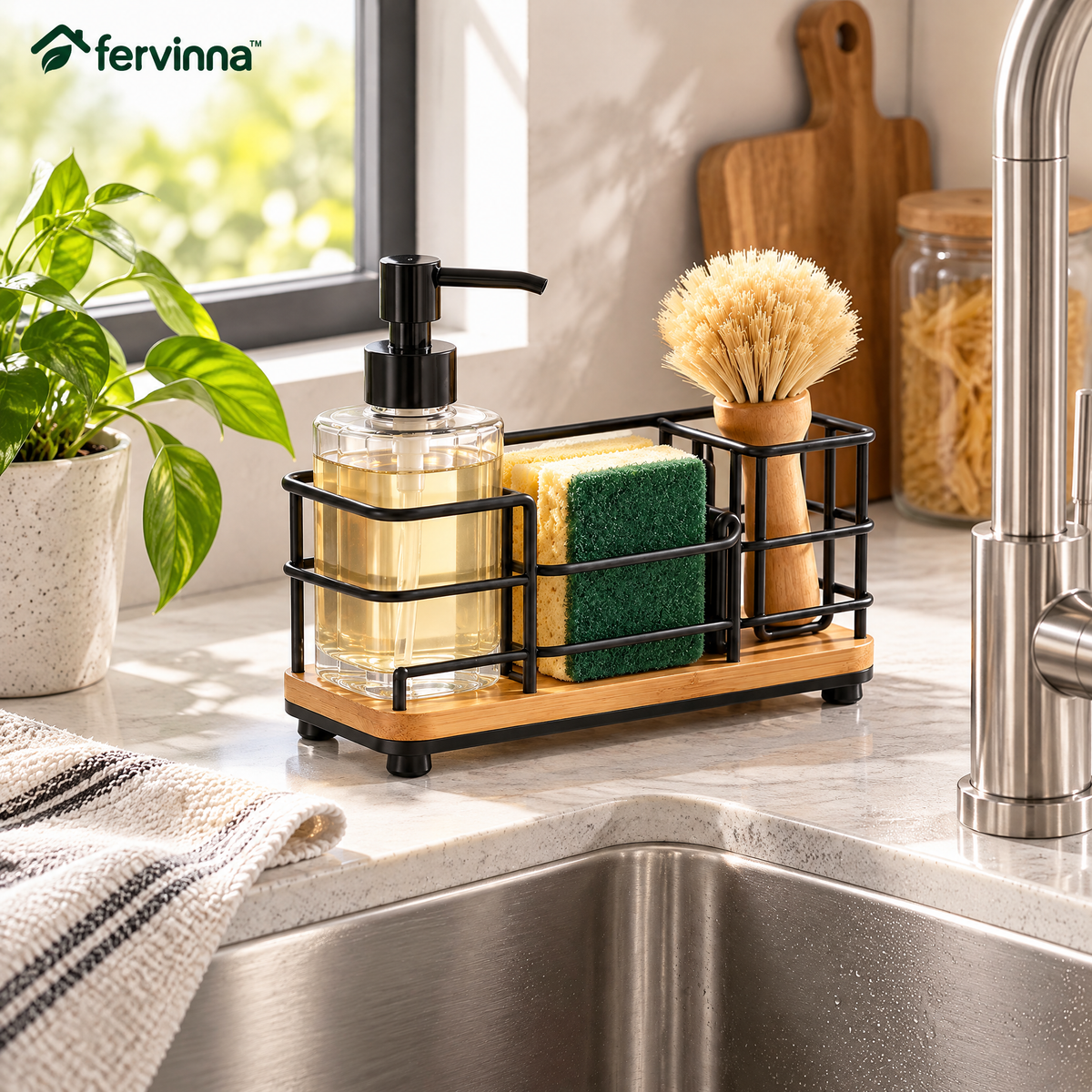 Fervinna Black Wire Sink Caddy with Bamboo Base — in-use organization