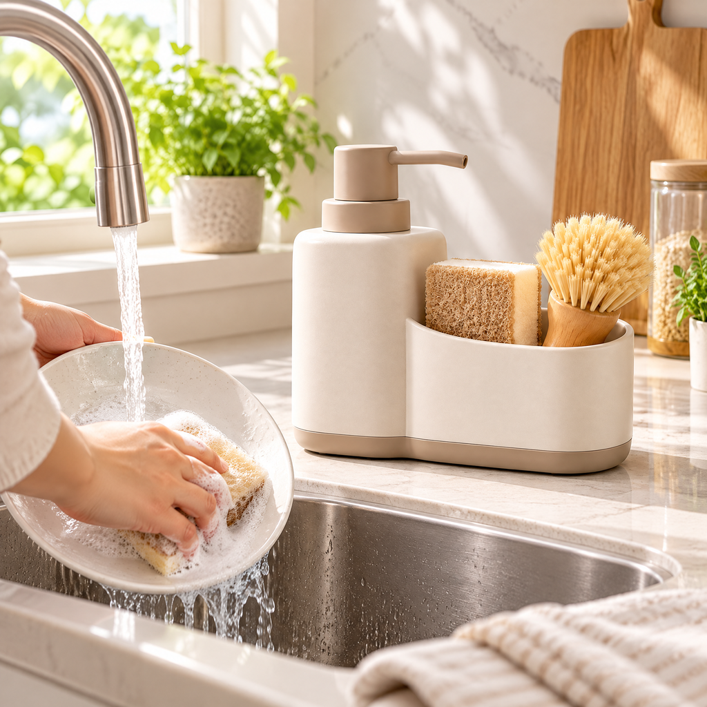 Fervinna Minimalist Sink Organizer with Built-In Soap Pump — features and details
