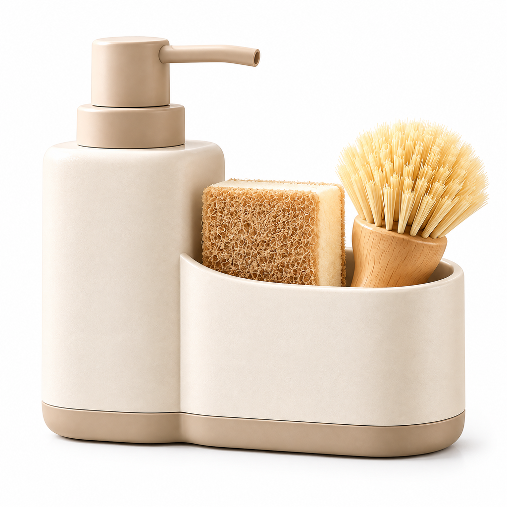 Fervinna Minimalist Sink Organizer with Built-In Soap Pump — in-use organization