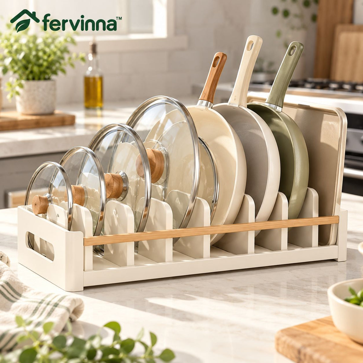 Fervinna Adjustable Pan & Lid Organizer Rack — main lifestyle view