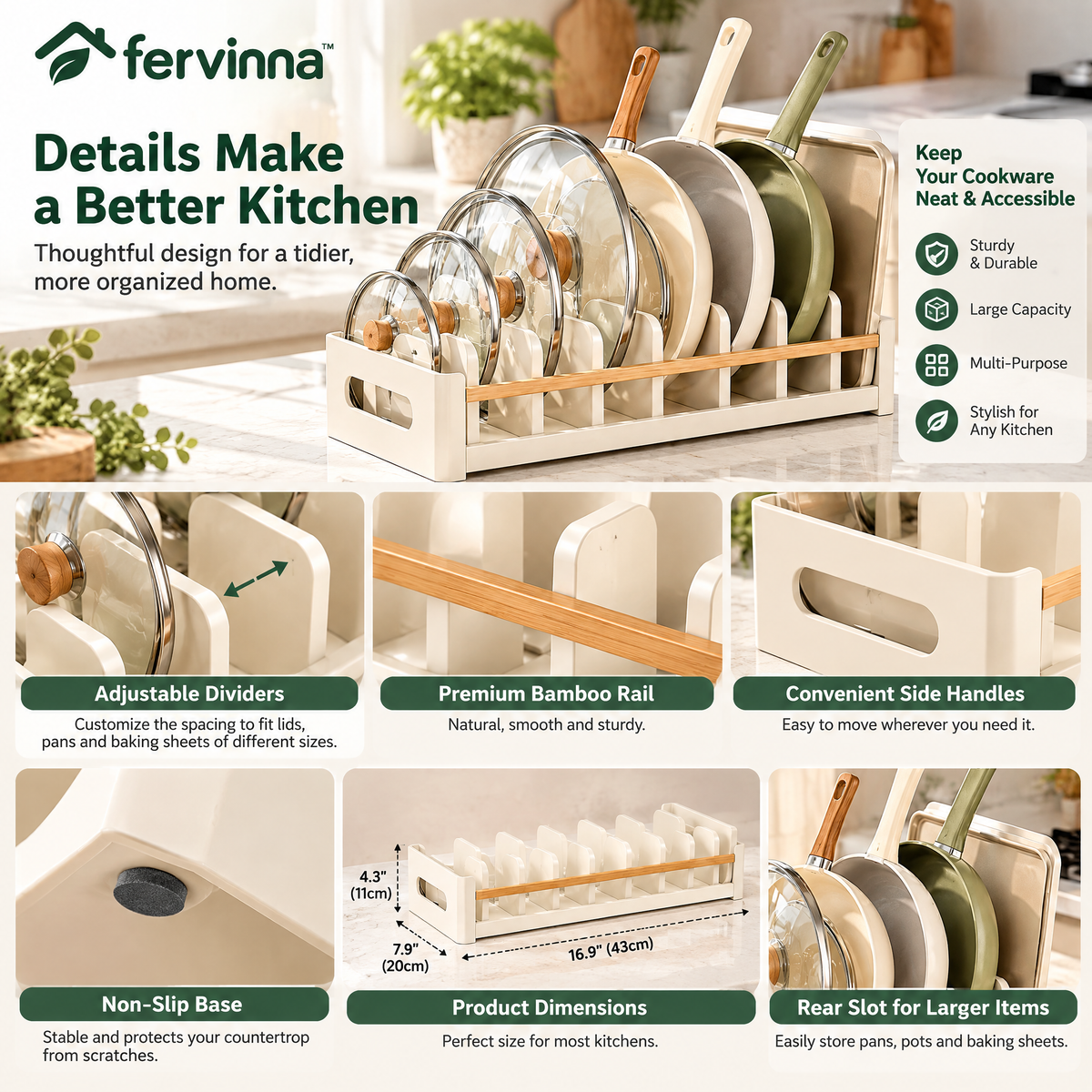 Fervinna Adjustable Pan & Lid Organizer Rack — features and details