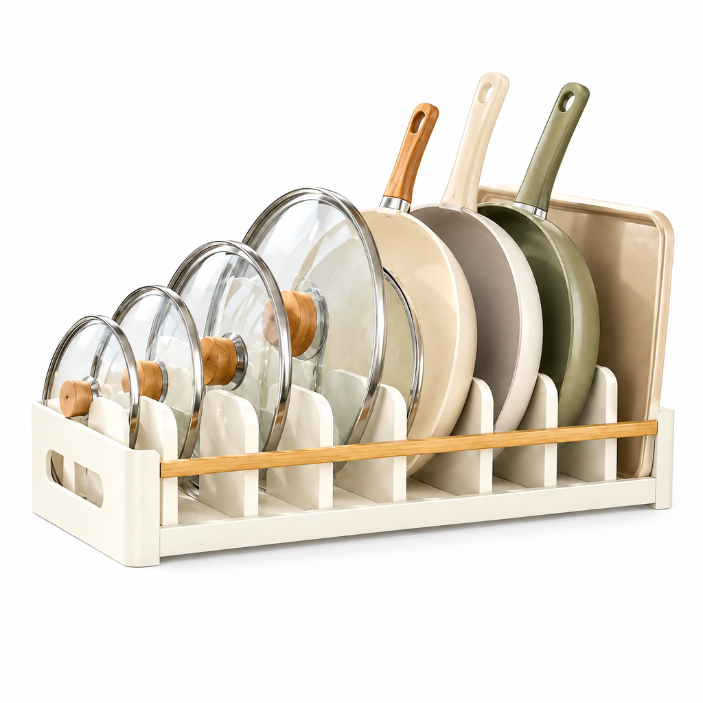 Fervinna Adjustable Pan & Lid Organizer Rack — in-use organization