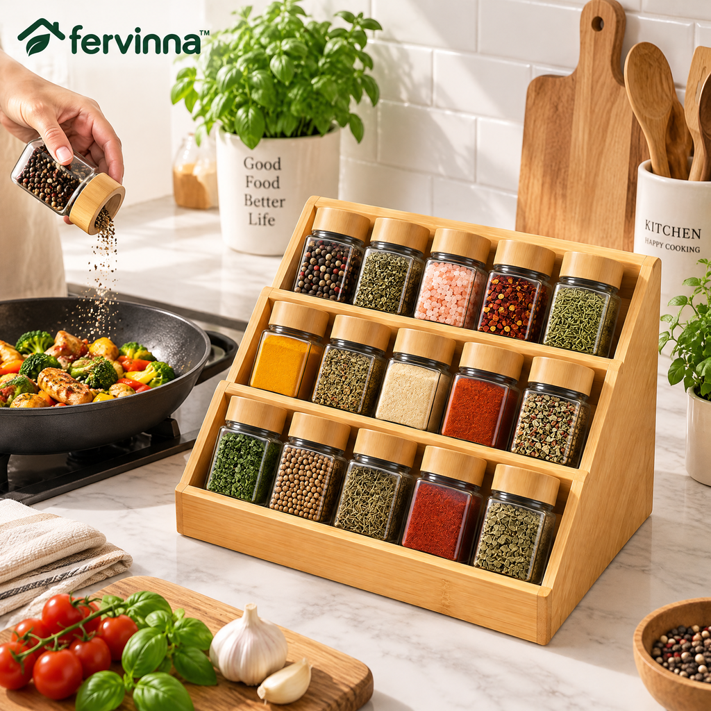 Fervinna 3-Tier Bamboo Spice Rack Organizer — product overview