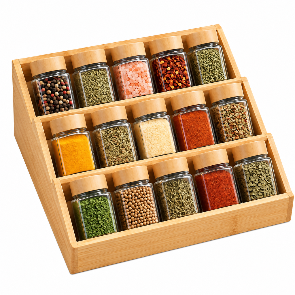 Fervinna 3-Tier Bamboo Spice Rack Organizer — in-use organization