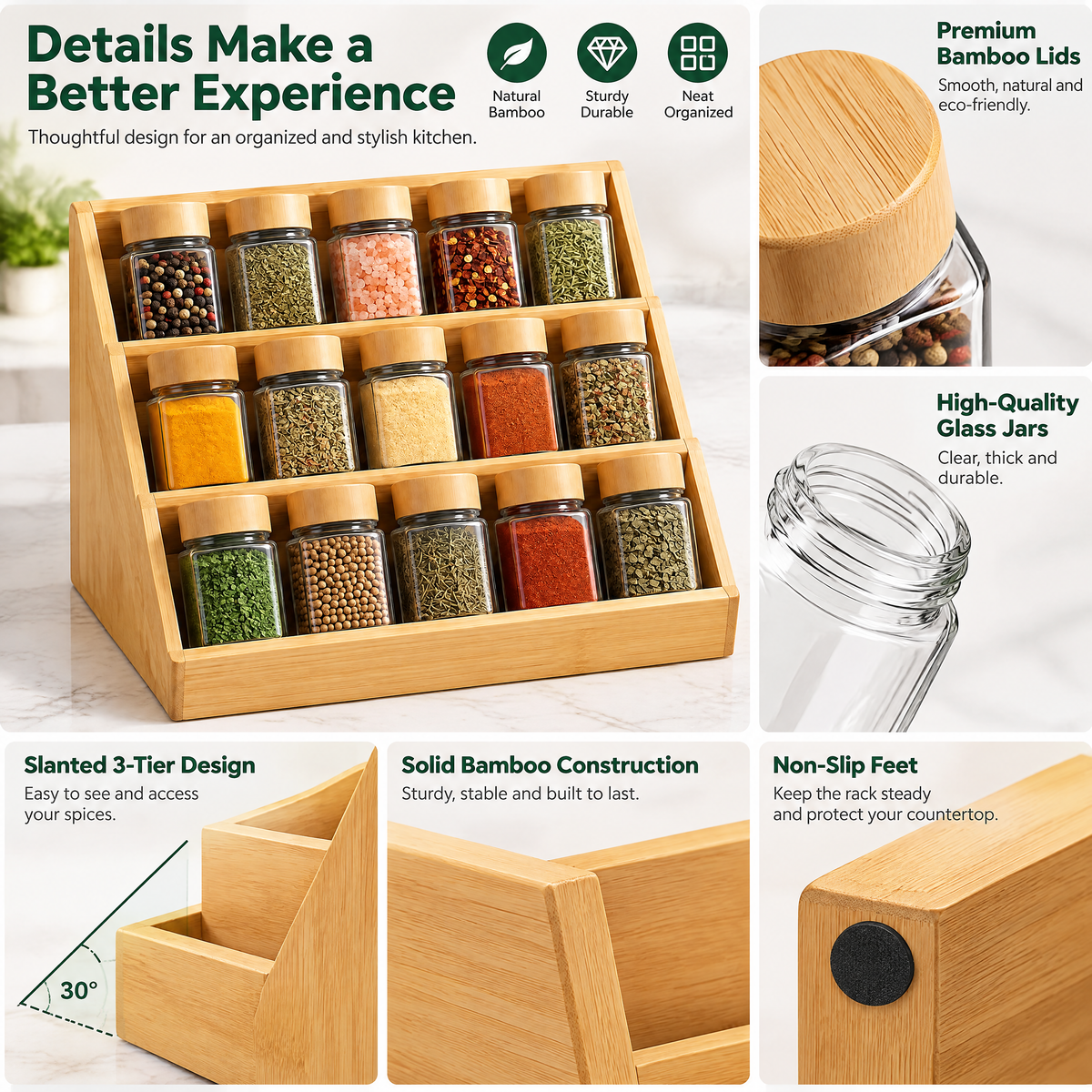 Fervinna 3-Tier Bamboo Spice Rack Organizer — alternate view
