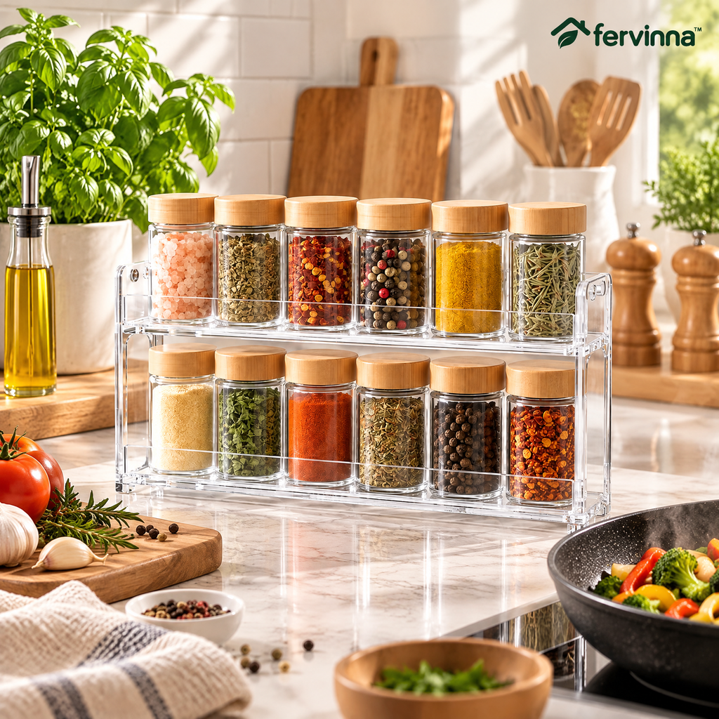 Fervinna Clear 2-Tier Spice Rack — in-use organization