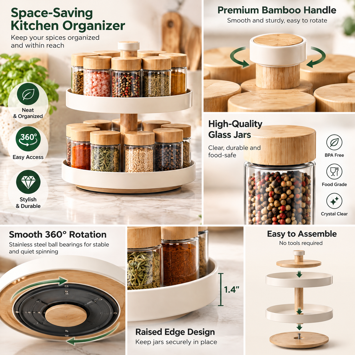 Fervinna 2-Tier Rotating Spice Organizer with Jars — features and details