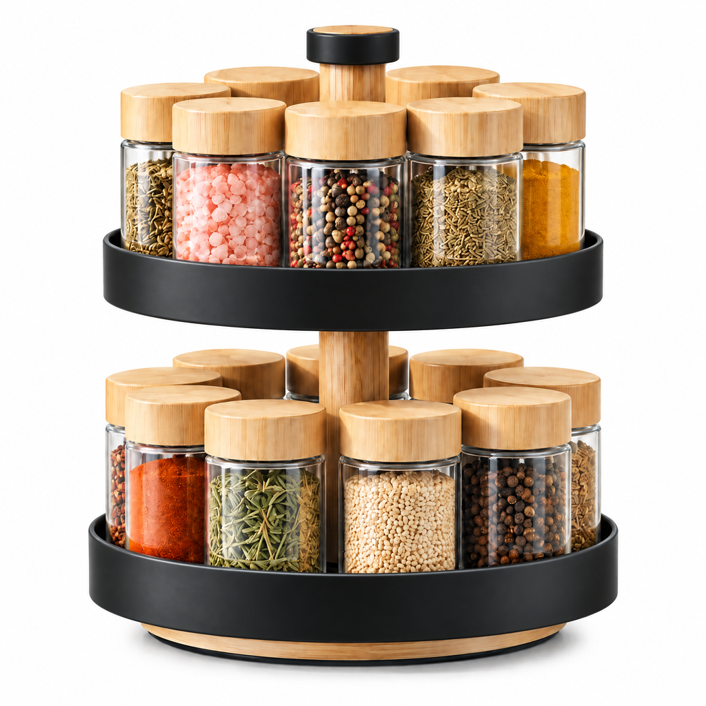 Fervinna 2-Tier Rotating Spice Organizer with Jars — in-use organization