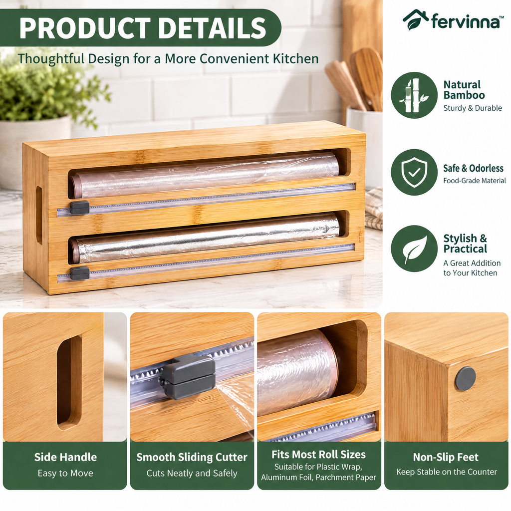 Fervinna Bamboo Double Roll Wrap Dispenser — in-use organization
