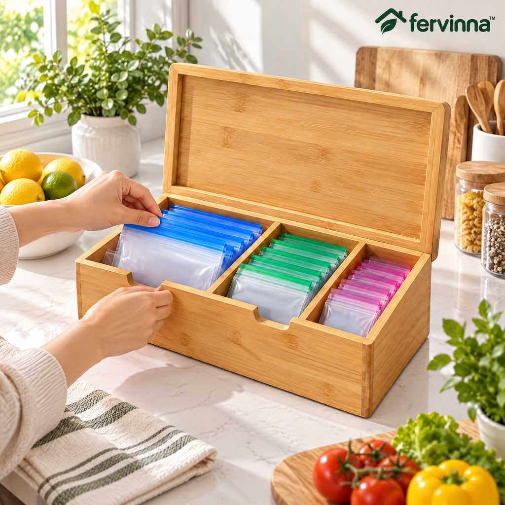 Fervinna Bamboo Food Storage Bag Organizer — features and details