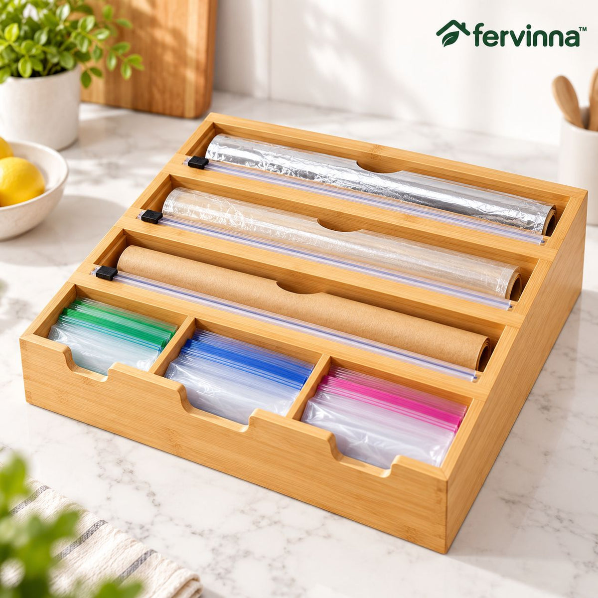 Fervinna Bamboo Wrap & Bag Organizer Station — main lifestyle view