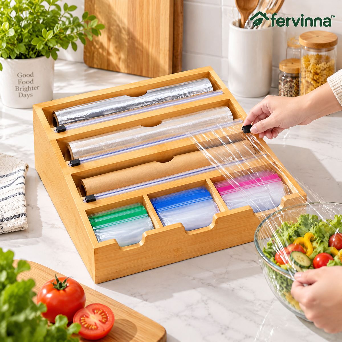 Fervinna Bamboo Wrap & Bag Organizer Station — product overview