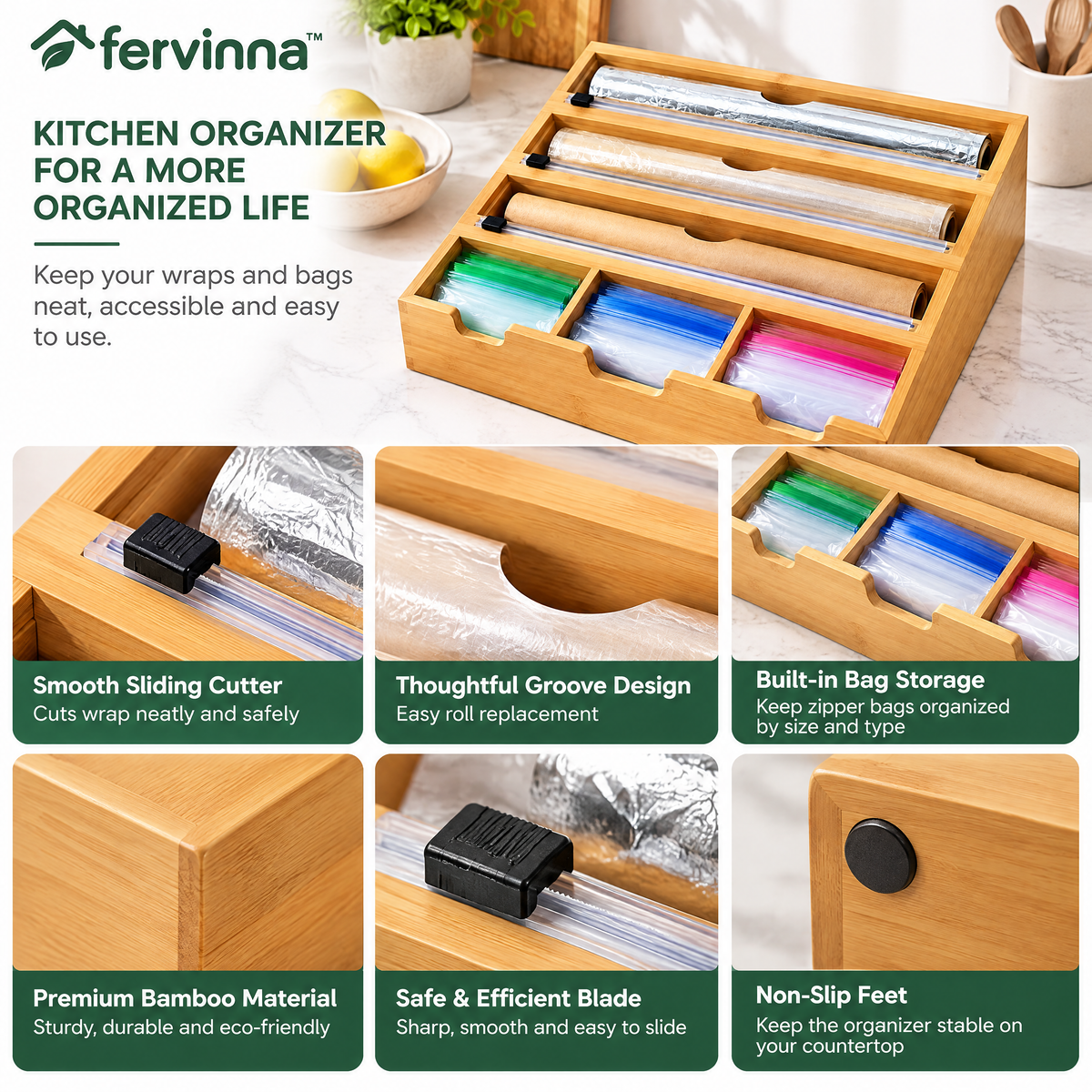 Fervinna Bamboo Wrap & Bag Organizer Station — in-use organization