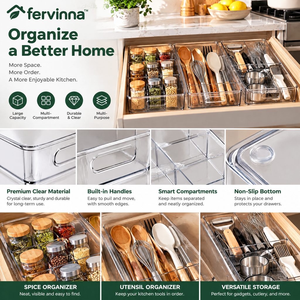 Fervinna Clear Deep Drawer Organizer Bin Set — features and details