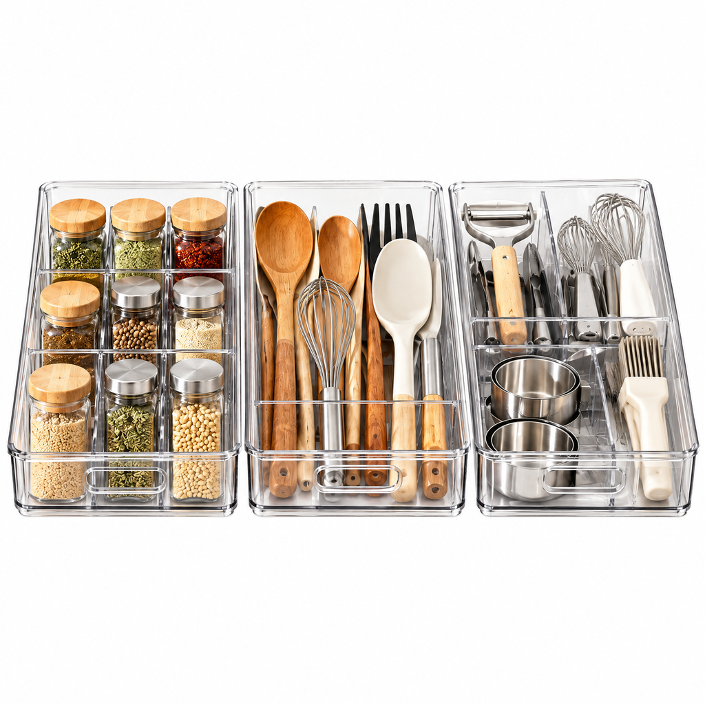 Fervinna Clear Deep Drawer Organizer Bin Set — in-use organization