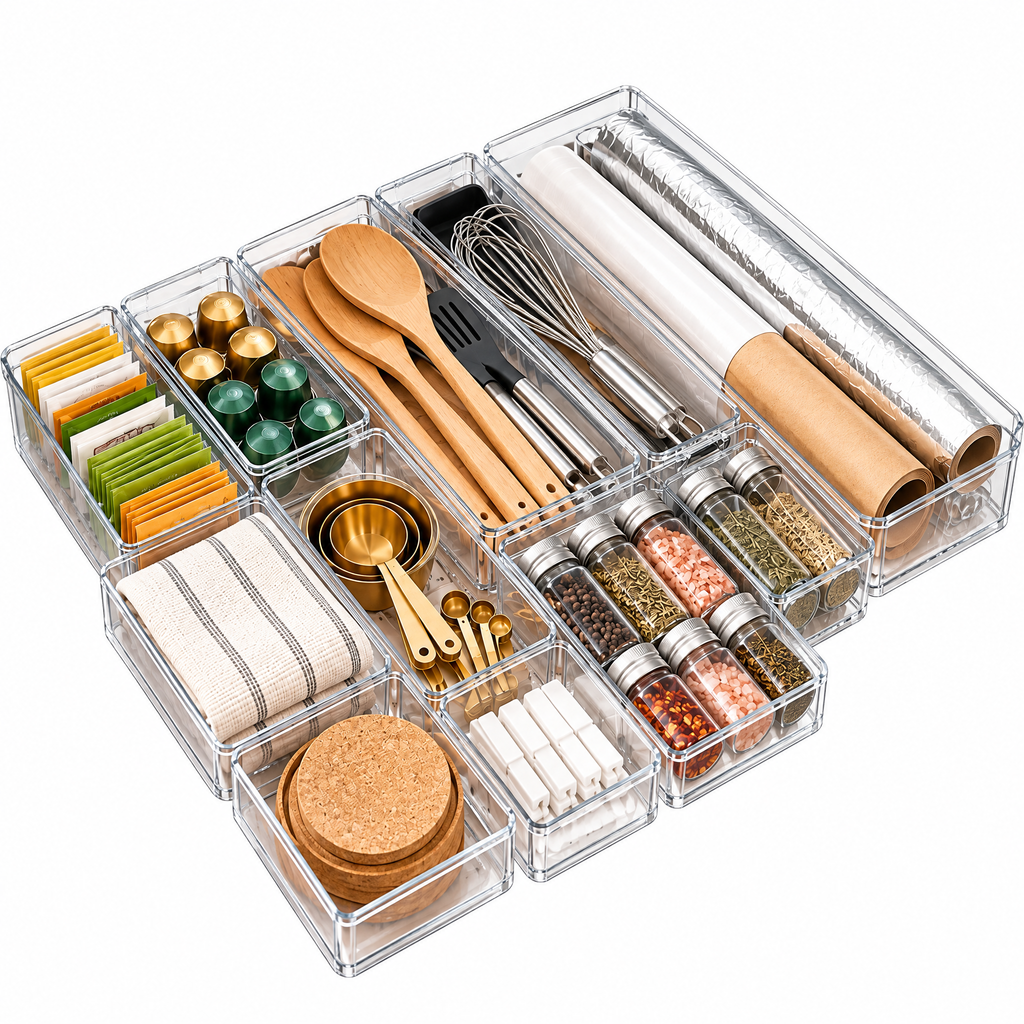 Fervinna Modular Clear Kitchen Drawer Organizer Set — features and details