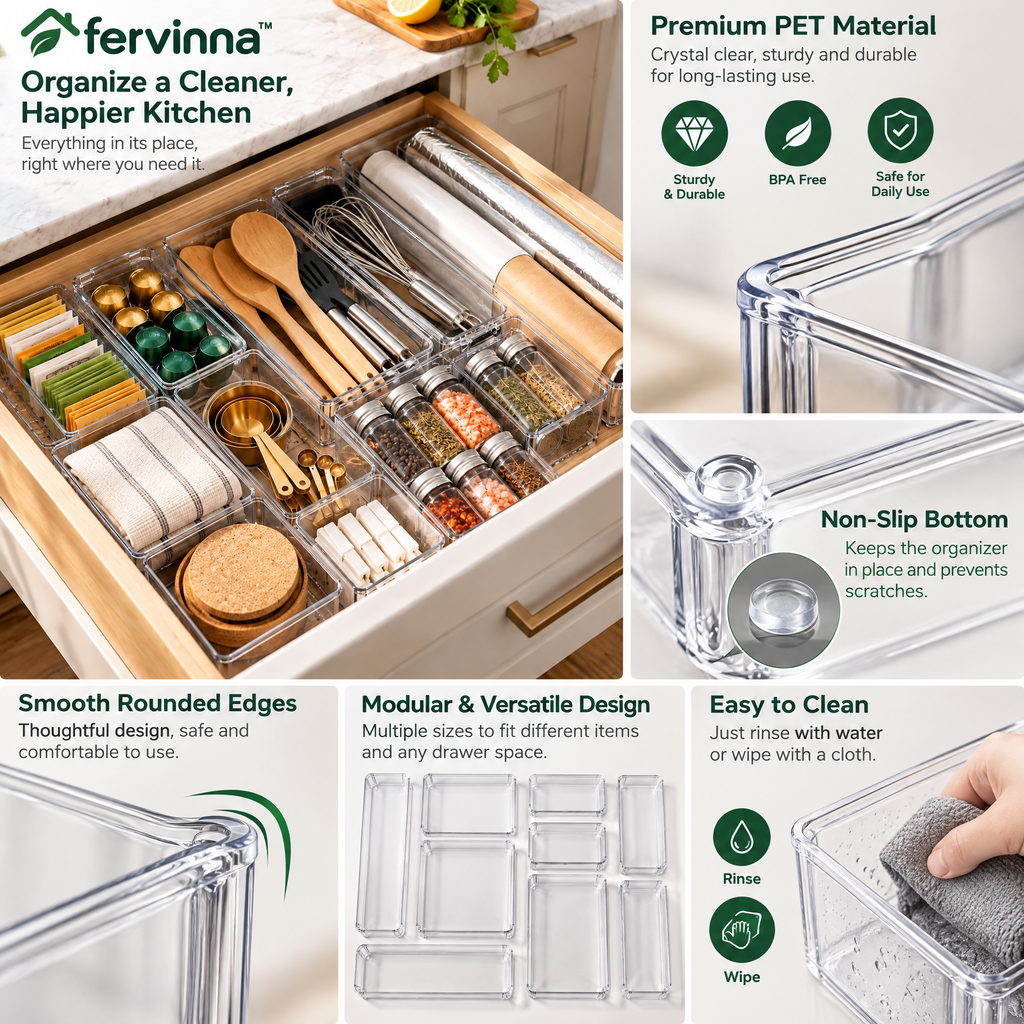 Fervinna Modular Clear Kitchen Drawer Organizer Set — in-use organization
